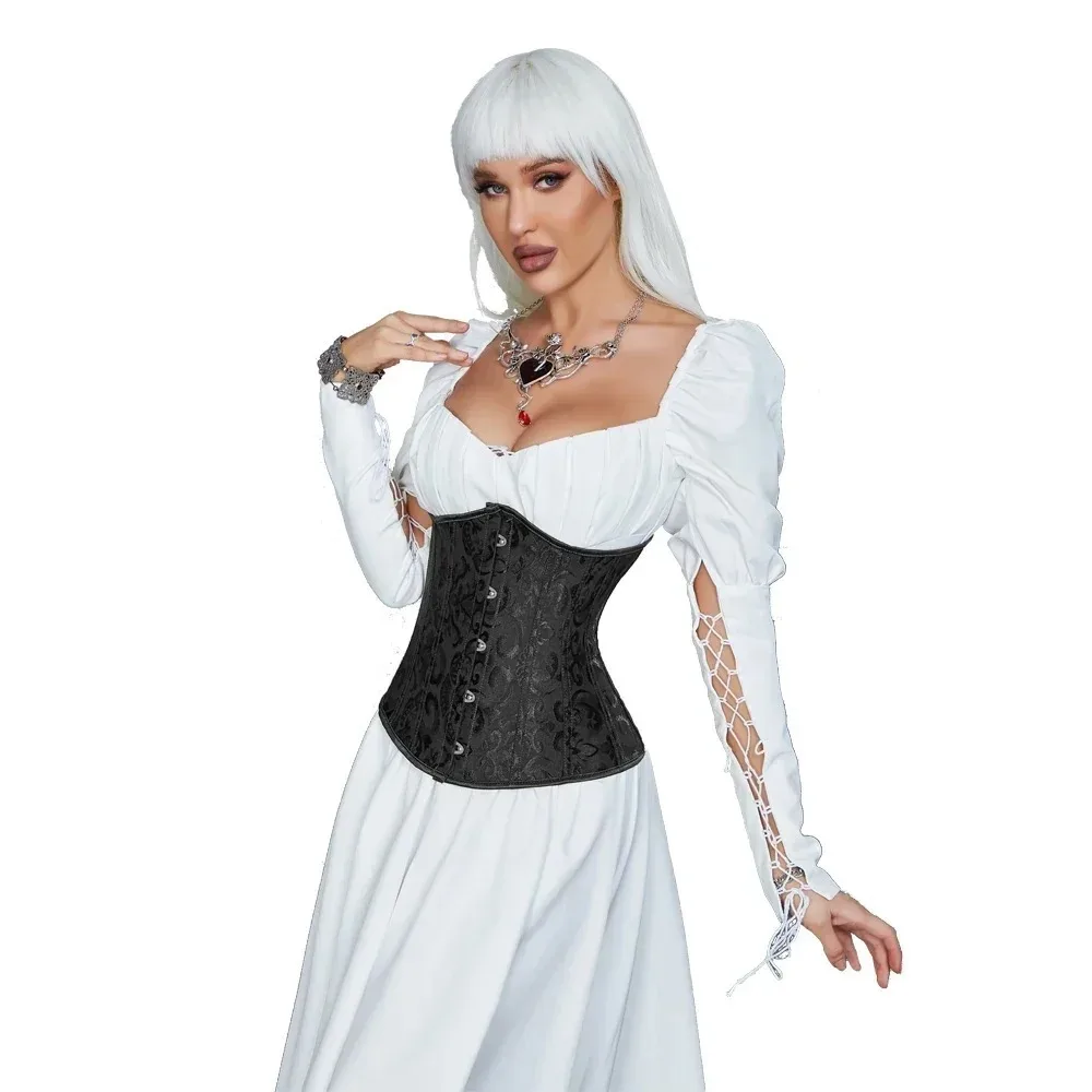 Women Black Satin Underbust Corset Waist Cincher with Plastic Bones Gothic Body Shaper Lingerie Waist Trainer for Shaping