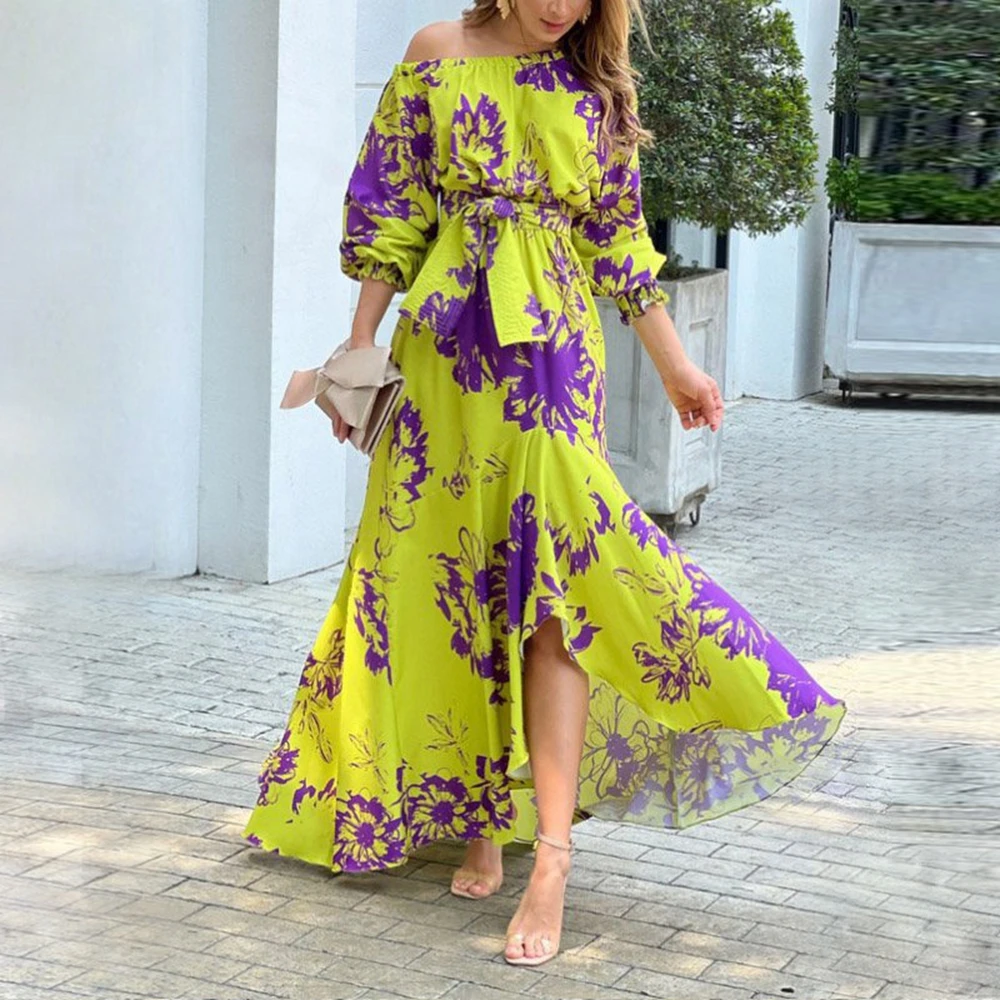 

Women Summer Floral Print Long Sleeve Maxi Dresses Large Swing Diagonal Collar Belted Holiday Irregular Hem Boho Style Dresses