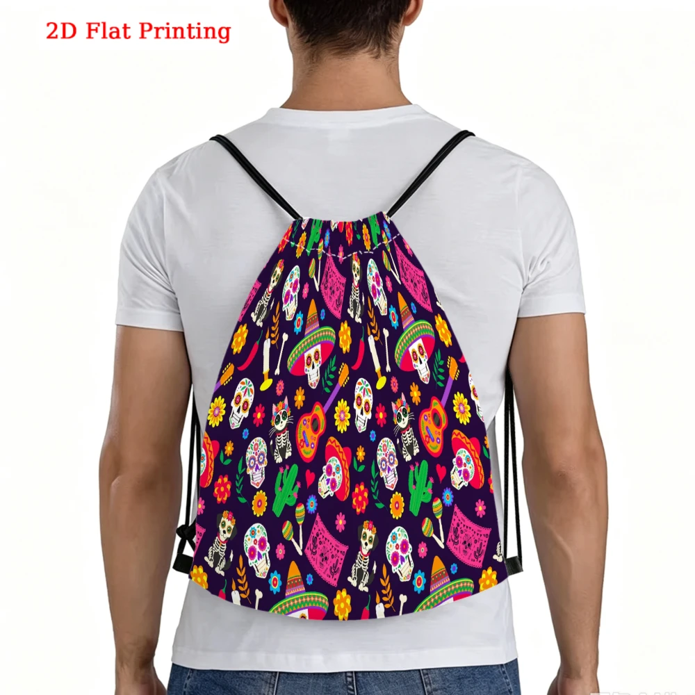 Vibrant 2D Flat Printing, Drawstring Backpack, Colorful Skull And Cactus Pattern, Fitness Sports Bag, Outdoor Travel Cinch Sack