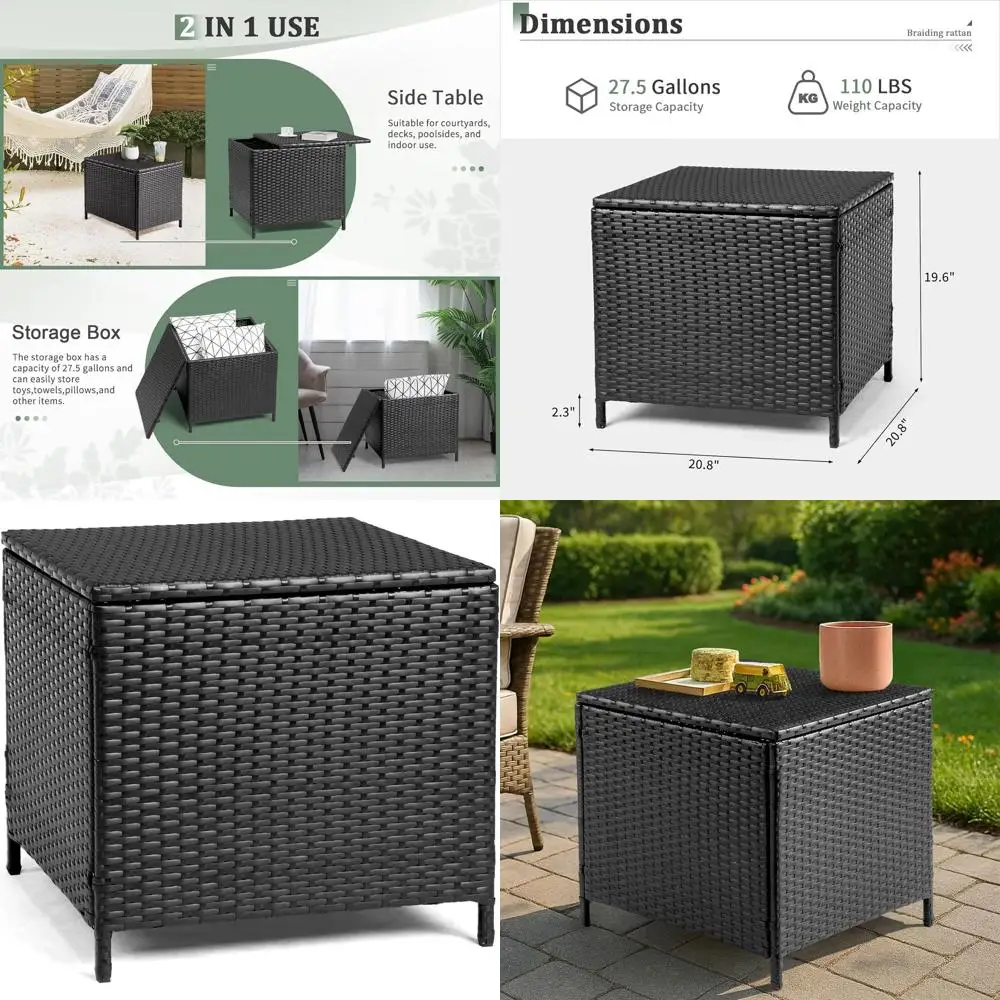 

Black Square Wicker Outdoor Deck Storage Box with Lid, Patio Side Table for Yard and Porch Use