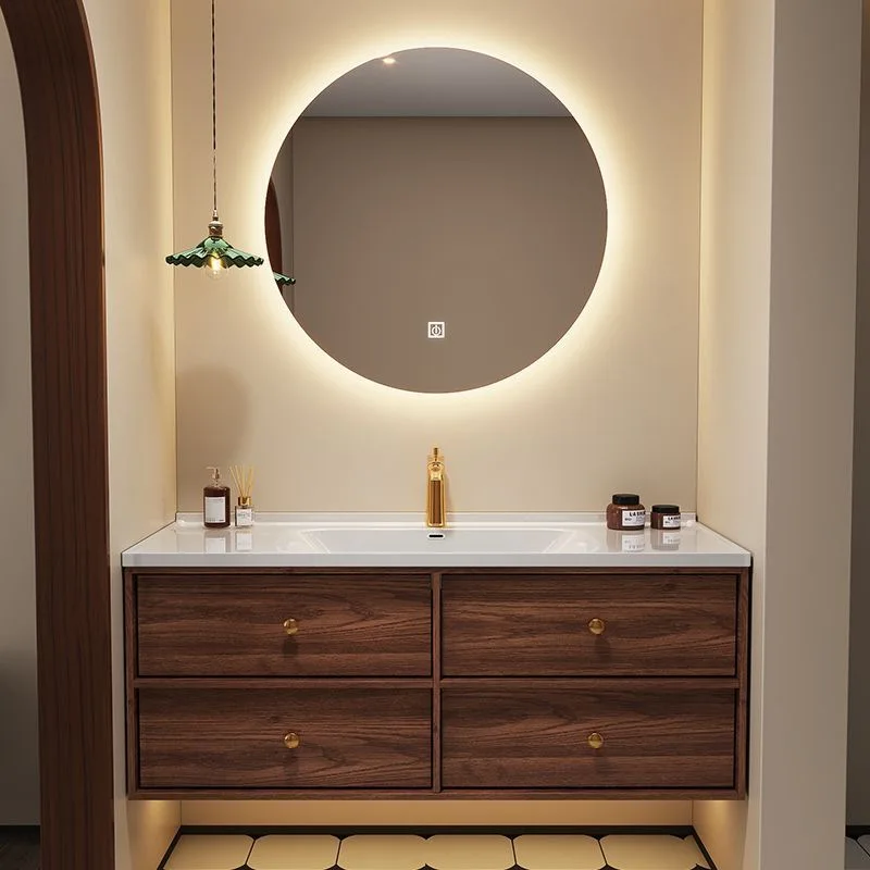 Medieval Bathroom Vanities Cabinet with Smart Mirror Vanity Sets Walnut Bathroom Ceramic Integrated Basin Hand Wash Face Sink
