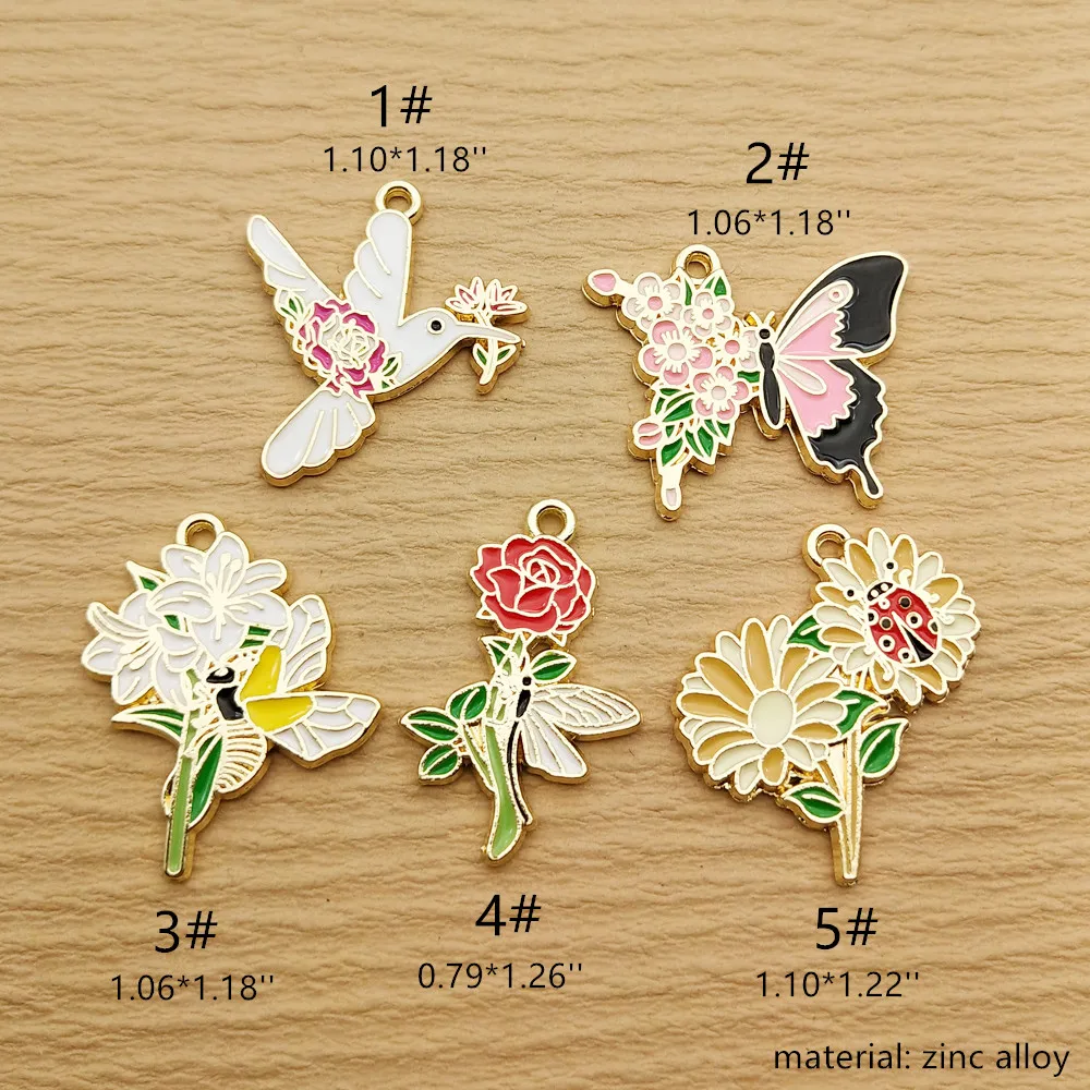 10pcs Flower Hummingbird Butterfly Bee Dragonfly Beetle Charm for Jewelry Making Earring Pendant Accessories Metal Gold Plated