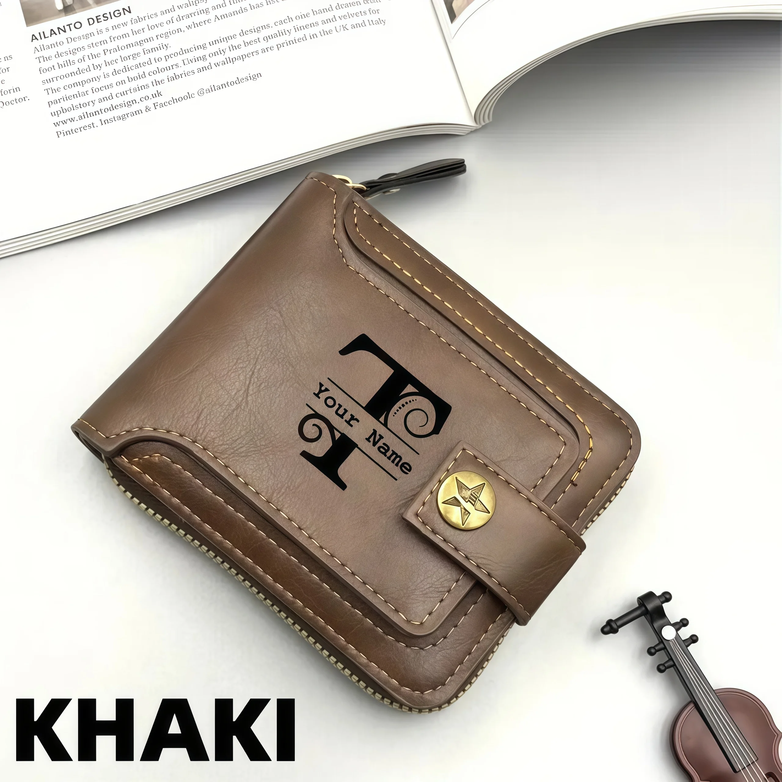 Customized Men's Name Wallet Gift - Fashionable Brown Faux Leather Wallet, With Engraved Design, Snap Closure, Zipper Card Holde view 5