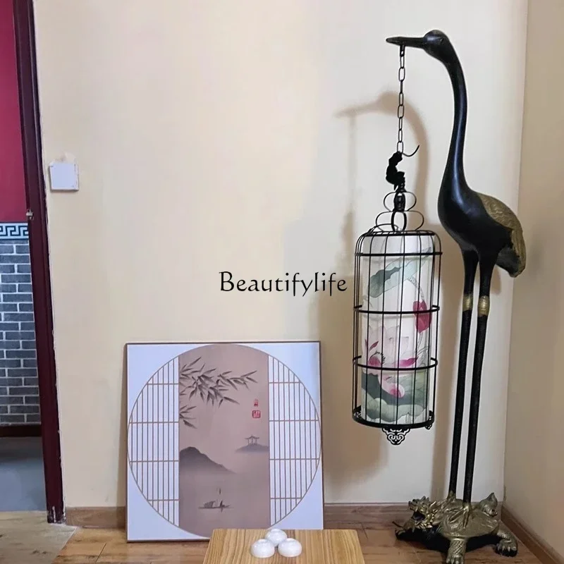 02New Chinese floor-to-ceiling luminous object Chinese wind bird cage creative lobby living room ornament