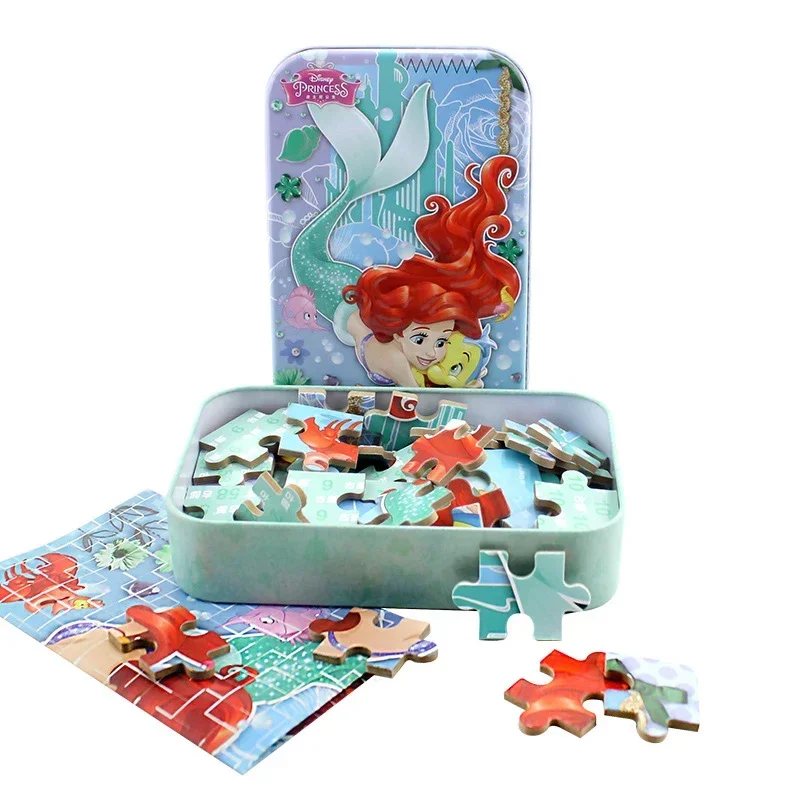 Rompecabezas de la Princesa Disney, la Sirenita, Mickey Mouse, Blancanieves, 60 piezas, rompecabezas en caja de hierro, juguetes educativos de madera