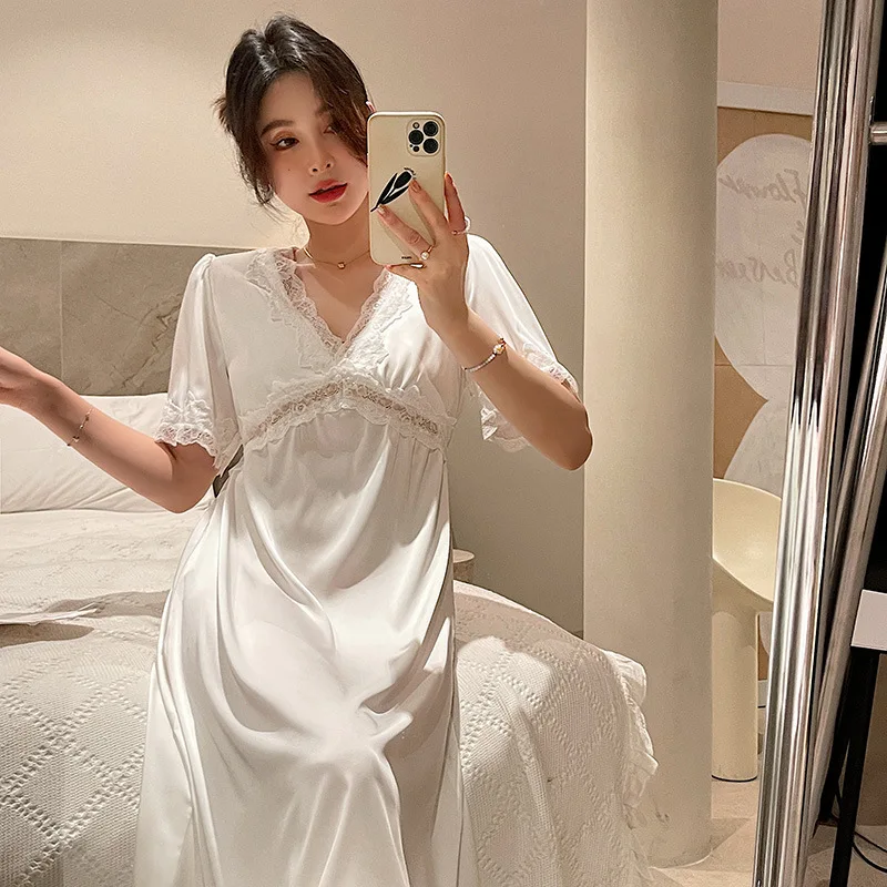 Sleepwear Women Nightdress Satin Lace Sleep Dress Long Sleeve V-neck Nightgown Loungewear Robe Kimono Summer Dressing Gown