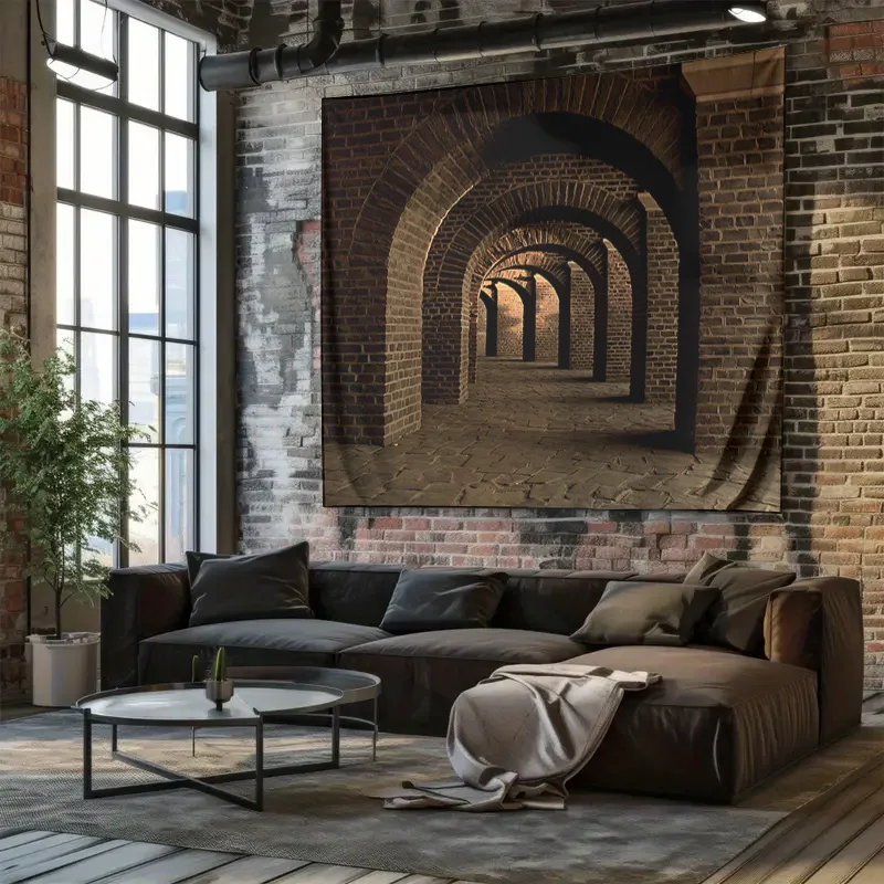 Ancient Brick Arch Tunnel Corridor Wall Tapestry Machine Washable All Season Decor Art Print Vintage Architecture Design Home
