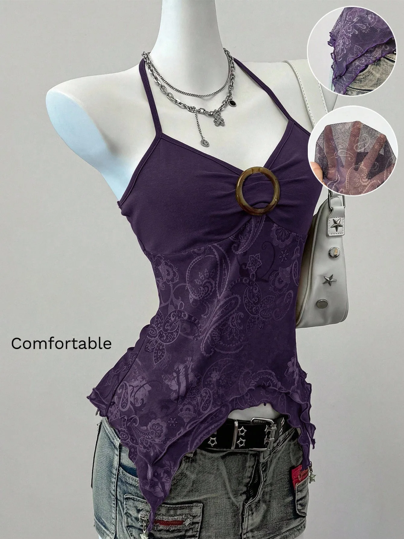 Sommer Retro 2026 Neu Sexy Off-Shoulder Neckholder-Weste Damen Ärmelloses Bedrucktes Mesh-Patchwork Slim Top Urlaub Beliebt – Detail 10