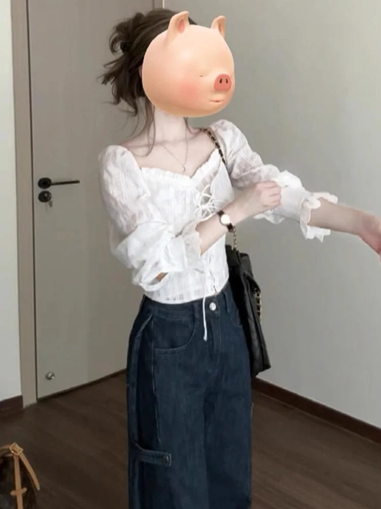 

Elegant White Waist-Cinching Shirt Women's Spring 2026 New One-Shoulder Design French Style Long Sleeve Slim Fit Blouse