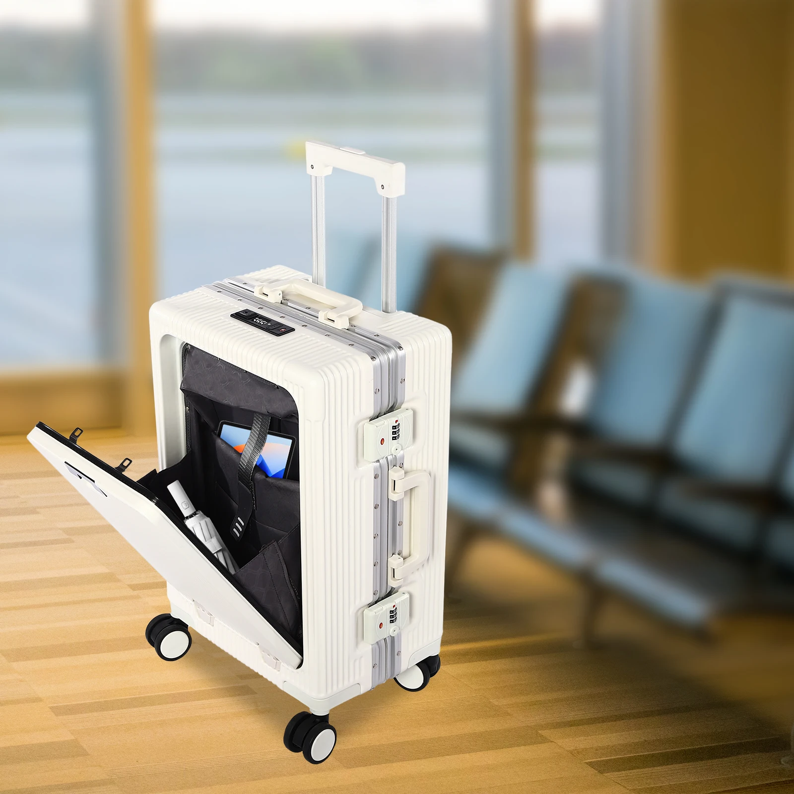 White 20" Boarding Suitcase(Convenient Design) - 45°-120° Front Compartment Opening&USB Port, Cup Holder&Hook(Free Hands)