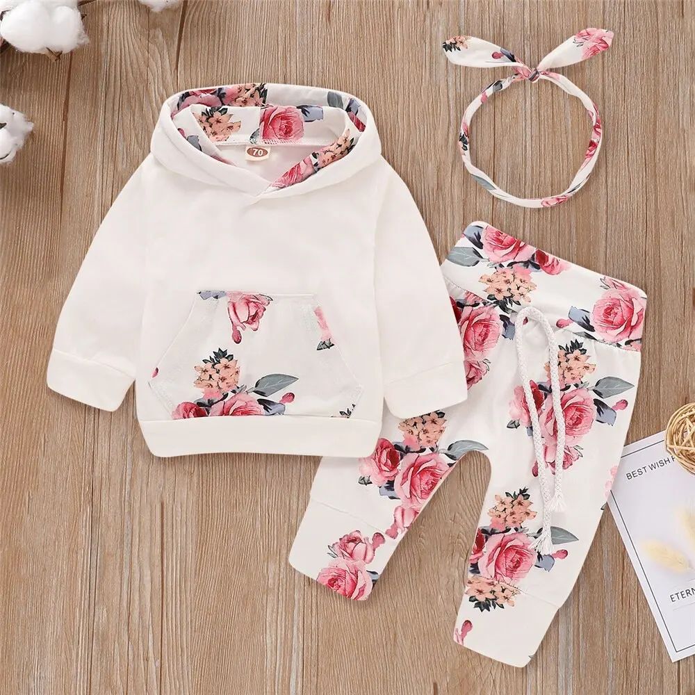 0-18 mesi bambino neonata 3 pezzi vestiti con cappuccio Set fiori stampa manica lunga Top + pantalone + fiocco fascia moda autunno Outfit