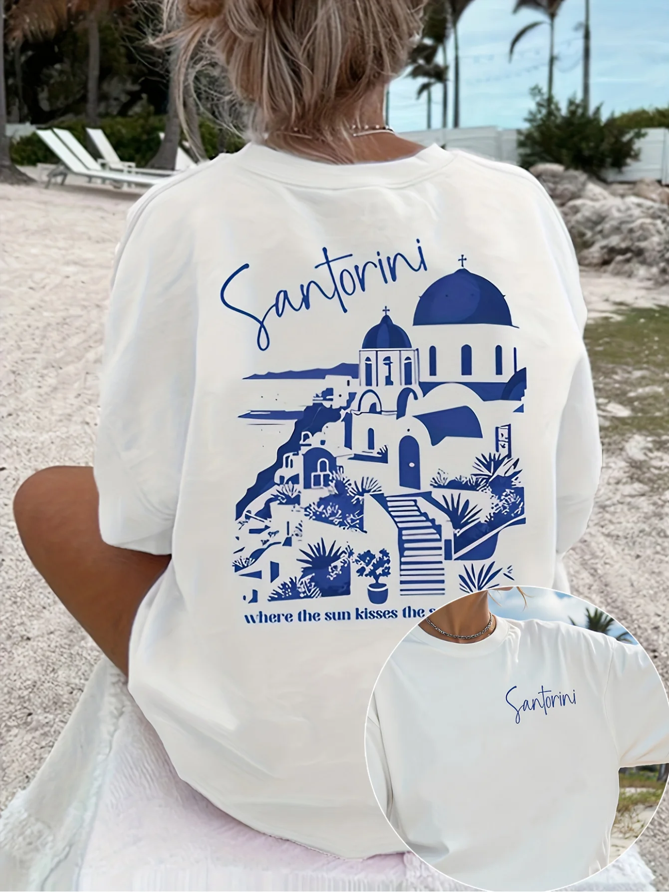 

Santorini Greece T-Shirt Women Men Retro Architecture Graphic Tee Summer Beach Vacation Short Sleeve Harajuku Unisex Tops
