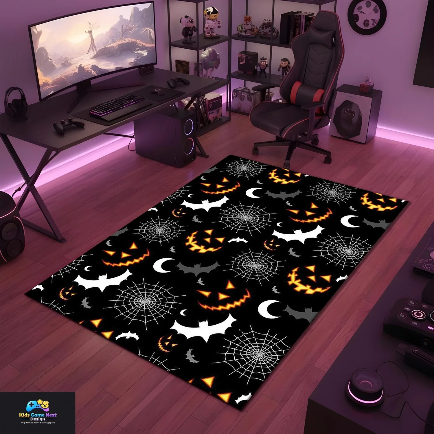 Halloween Children's Rug, Pumpkin Bat Spider Web Pattern, Quirky and Cute, Suitable for Room Decoration, Trick-Or-Treat Theme, Washable Non-Slip Carpet.