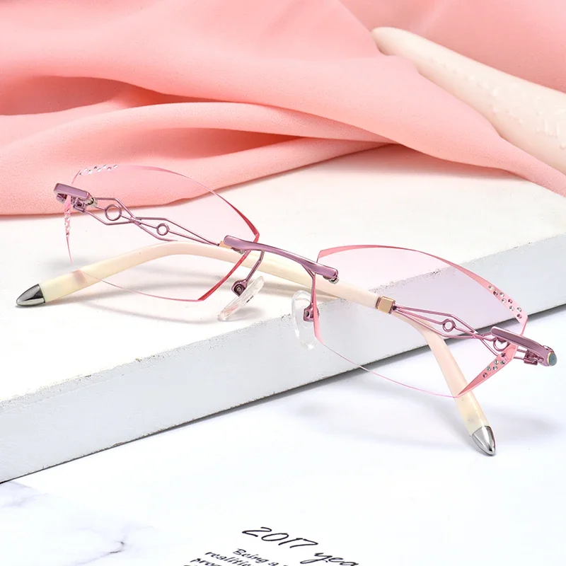 Ladies Prescription Glasses Myopia Hyperopia Custom Glasses Frameless Diamond Coloured Glasses Radiation Proof Optical