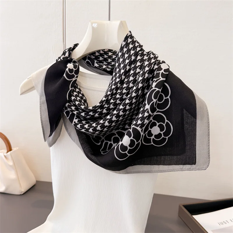Scarf Women Square Scarf Houndstooth Floral Print Headscarf Shawl Neck Wrap Cotton Linen Feel For Daily Business Gift
