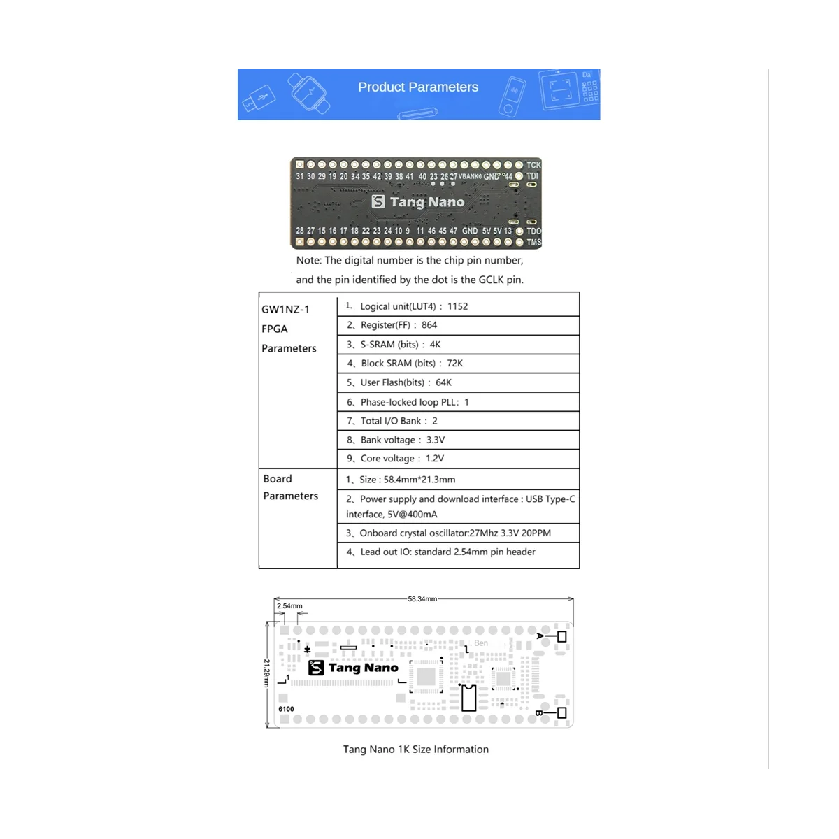 1Pcs Tang Nano Minimalist FPGA Development Board Straight Insert Breadboard Tang Nano 1K Development Board