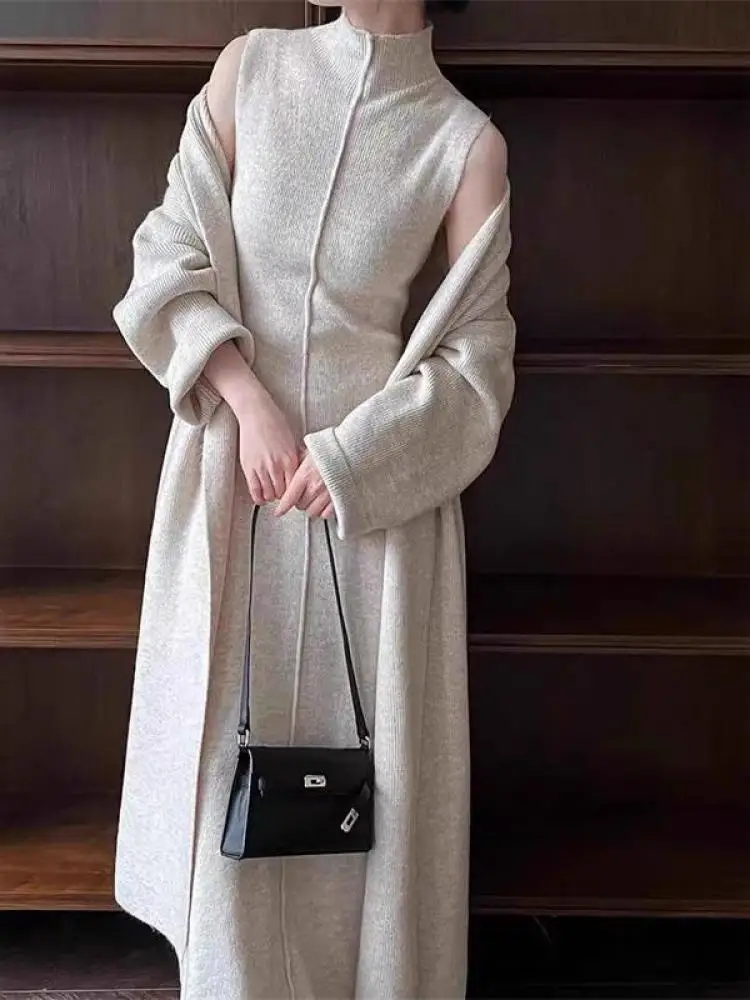 

Autumn Winter Fashion Two Piece Set Women's Solid Cardigan Long Sweater Coat And Sleeveless Vest Knitted Dress Suit 2025 Popular