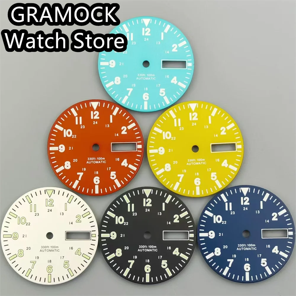 GRAMOCK 29 mm Zifferblatt, schwarz, weiß, rot, gelb, blaues Zifferblatt, Dual-Datum, Kalenderfenster, grün leuchtend, passend für NH36 NH36A-Uhrwerk