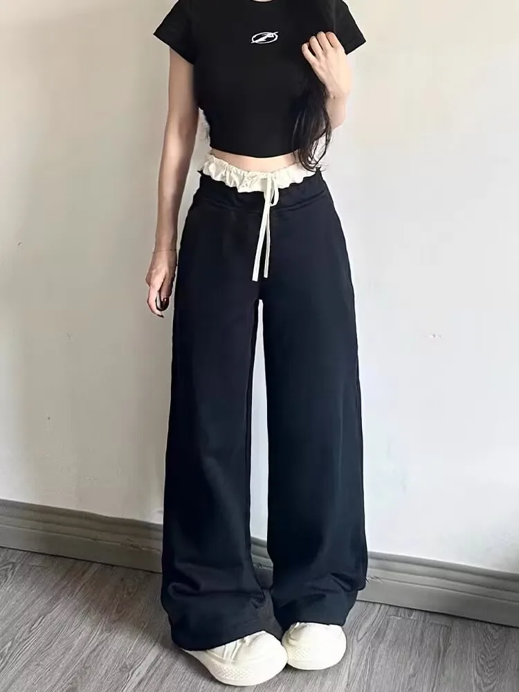 Pantalones casuales de encaje Retro americano Bla, pantalones de pierna ancha ajustados sueltos de cintura alta para mujer, novedad de verano, pierna recta cómoda Sle...
