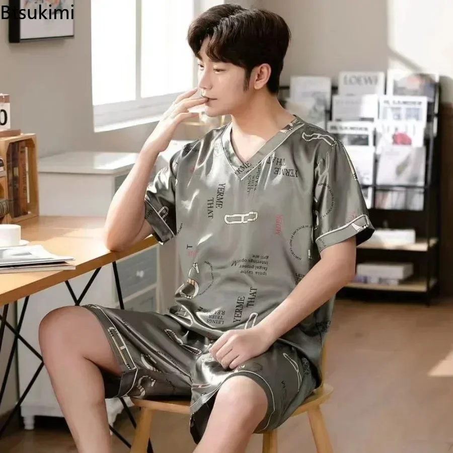 New 2026 Men's Summer Silk Pajama Sets Print Short Sleeve Pullover Tops and Shorts Homewear Suit Men Satin Casual Nightwear Sets