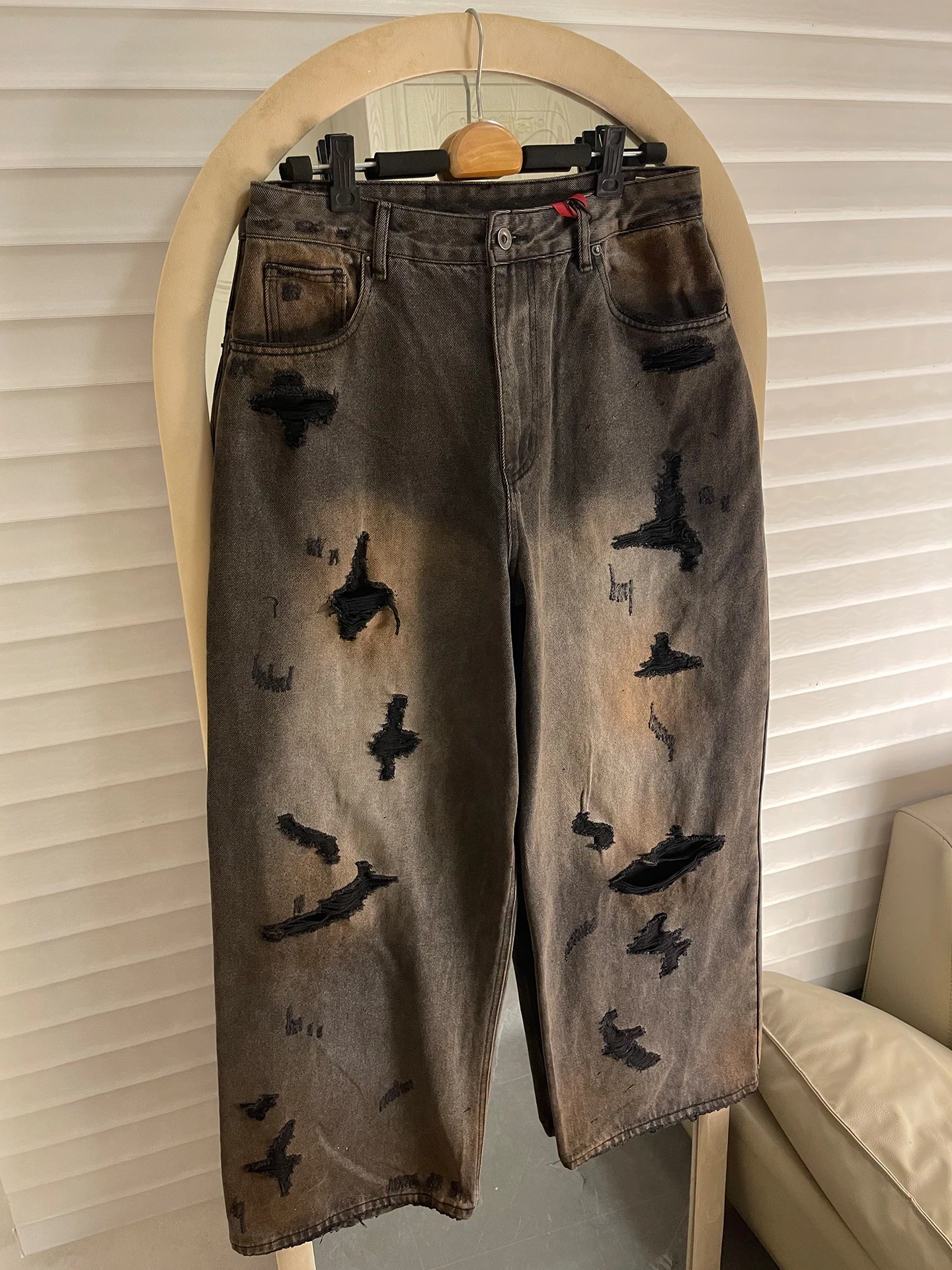 

Parisian Sle Distred Denim Jeans High Street Wide Leg Floor Length Pants Casual Cotton Polyester Blend Straight Cut