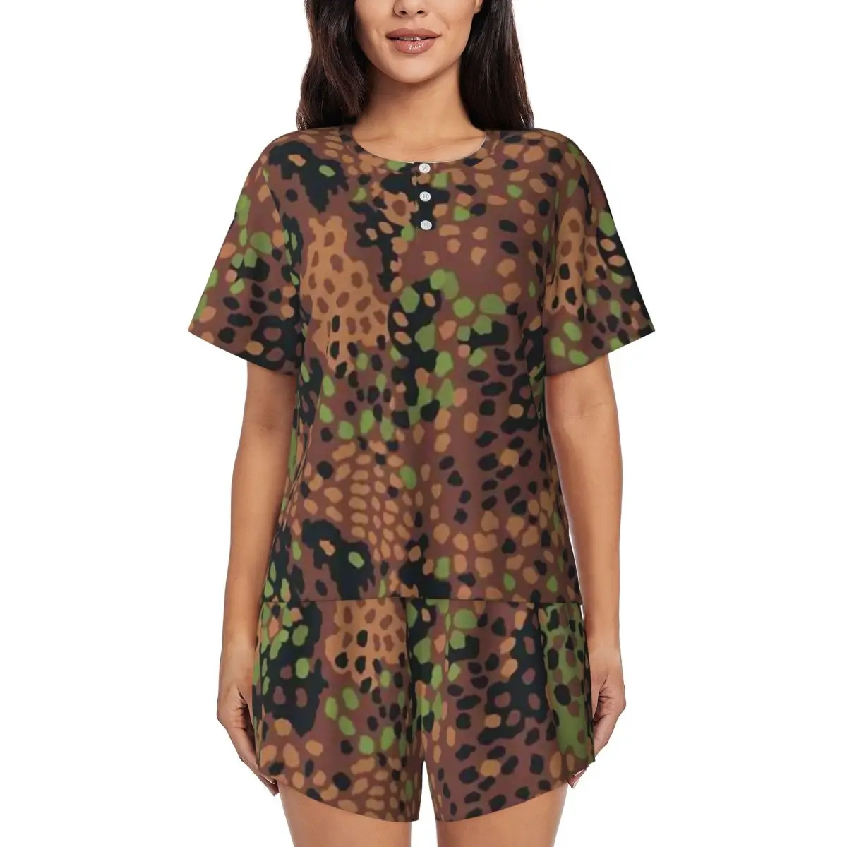 

Splintertarn German WW2 Camouflage Army Military Round Neck Short Sleeves Nightdress for Sleeping Women Pajama Set Short Pants