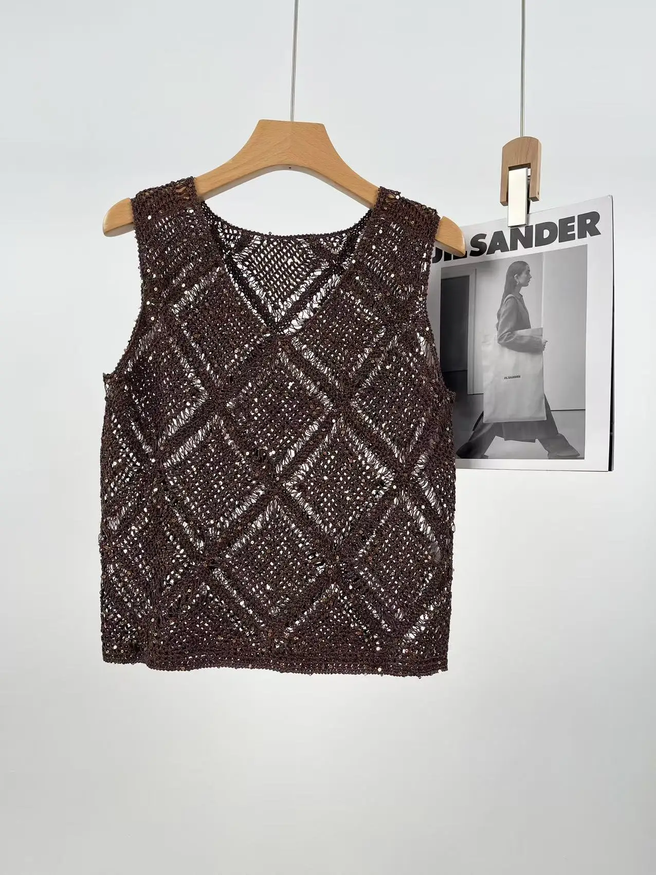 

V-Ne Hollow out Sequin Knitted Vest Loose ort Top Summer 2025 Commute Sle Faion Retro See-Tough Knitwear