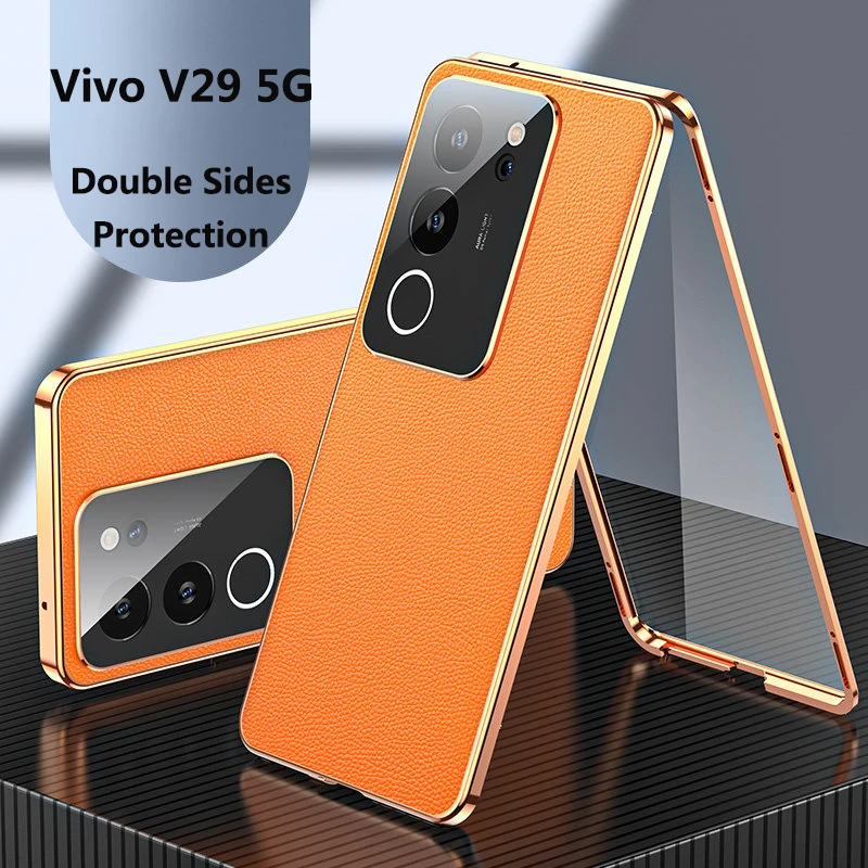 

360 Full Protection Case for Vivo V29 5G V2250 Metal Bumper Clear Front Glass with Back PU Leather Cover for Vivo V29 5G V2250