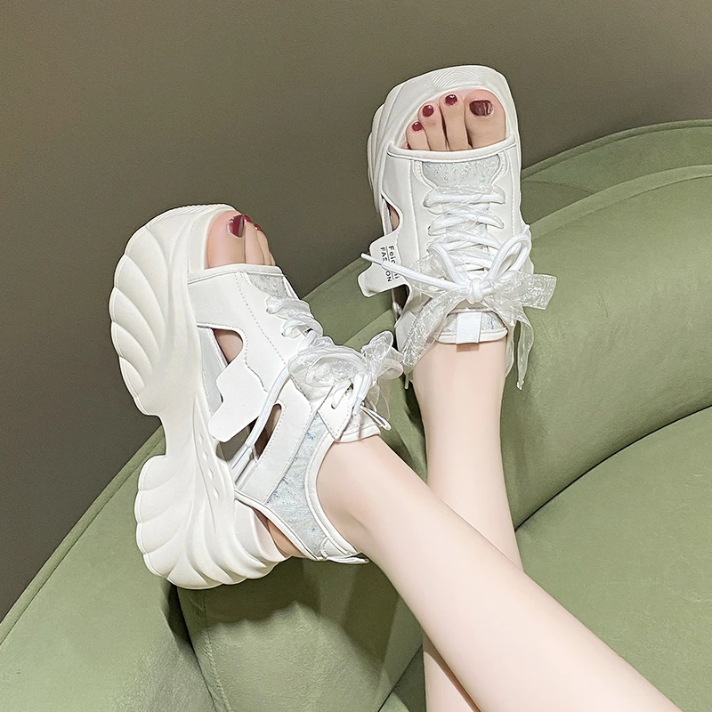 

2023 летние сандалии на высокой платформе, женские сетчатые массивные кроссовки, женские тапочки на танкетке для женщин, сандалии с открытым носком, 9 см