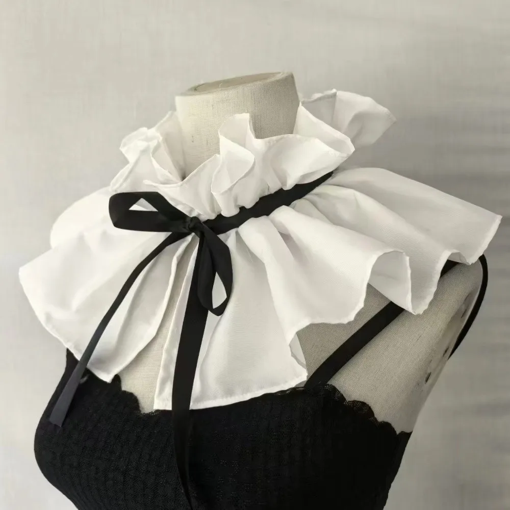 Ribbon Tie Detachable False Collar Lace Up Polyester Faux Ruffled Shawl Ruff White High Neck Pleated Retro Fake Stand Collar