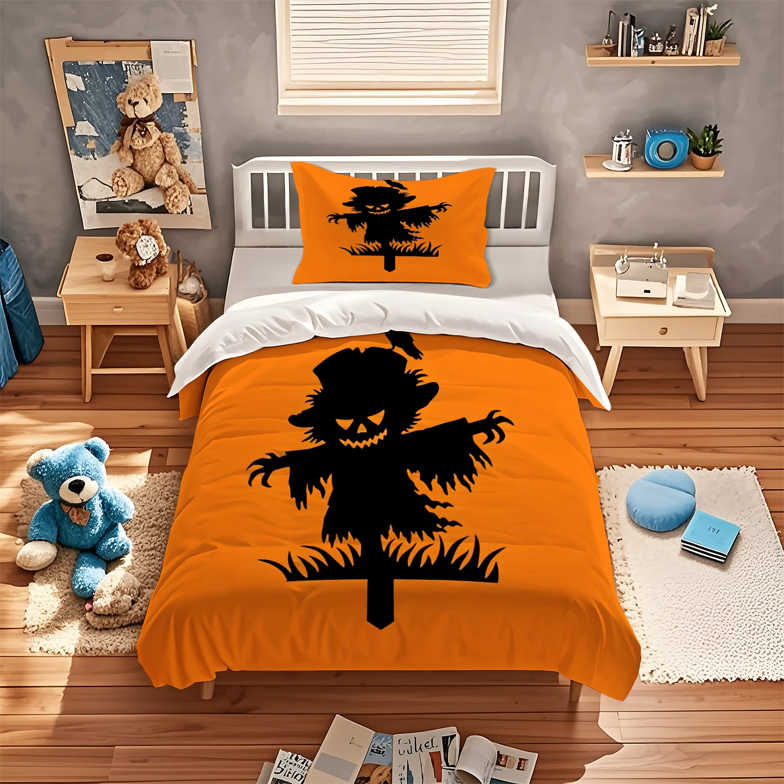 Halloween Scarecrow Duvet Cover Set Orange Black Scarecrow Silhouette Bedding Set Polyester Quilt Cover With Pillowcase Holiday