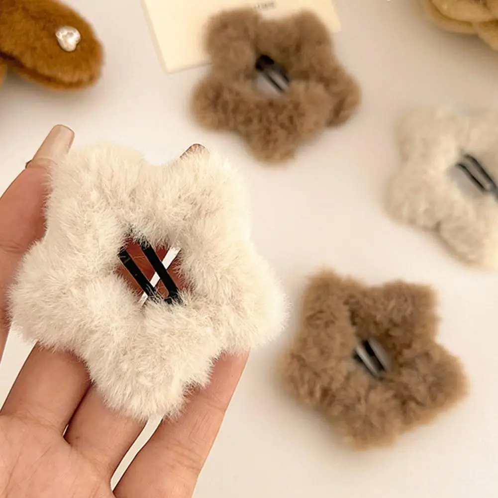 Plush Five-pointed Star Hairpins Side Bangs BB Clip Cute Soft Sweet Hollow Hairpin Girls Y2K Metal Snap Clips Hair Accessories view 3