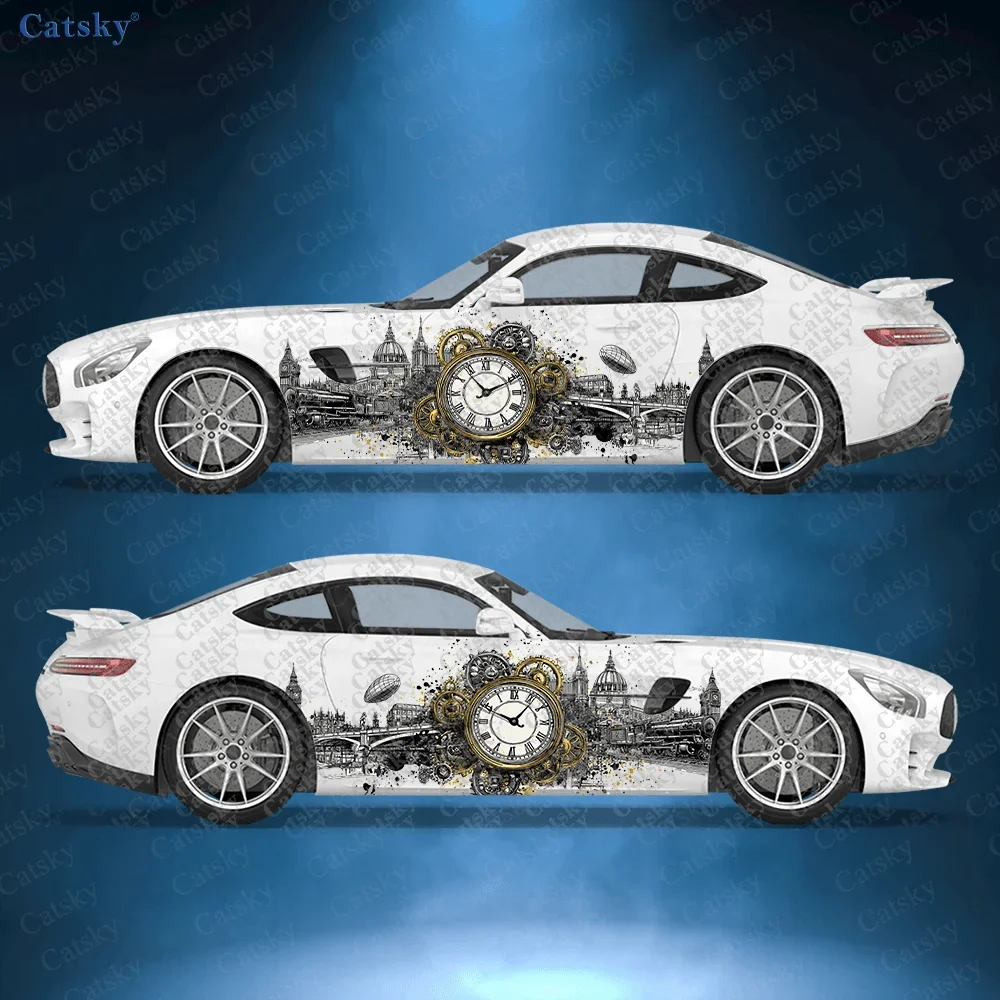 2pcs Clock Tower City Splash Car Side Wraps, Self-Adhesive PVC Waterproof & Scratch-Resistant Stickers, Car Accessory Gift