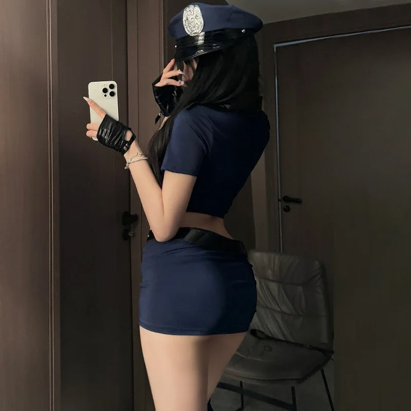 Uniforme de policía Sexy para mujer, disfraz de juego de rol, trajes azules sexis de policía para mujer, minifalda Sexy con sombrero para Instructor de Cosplay