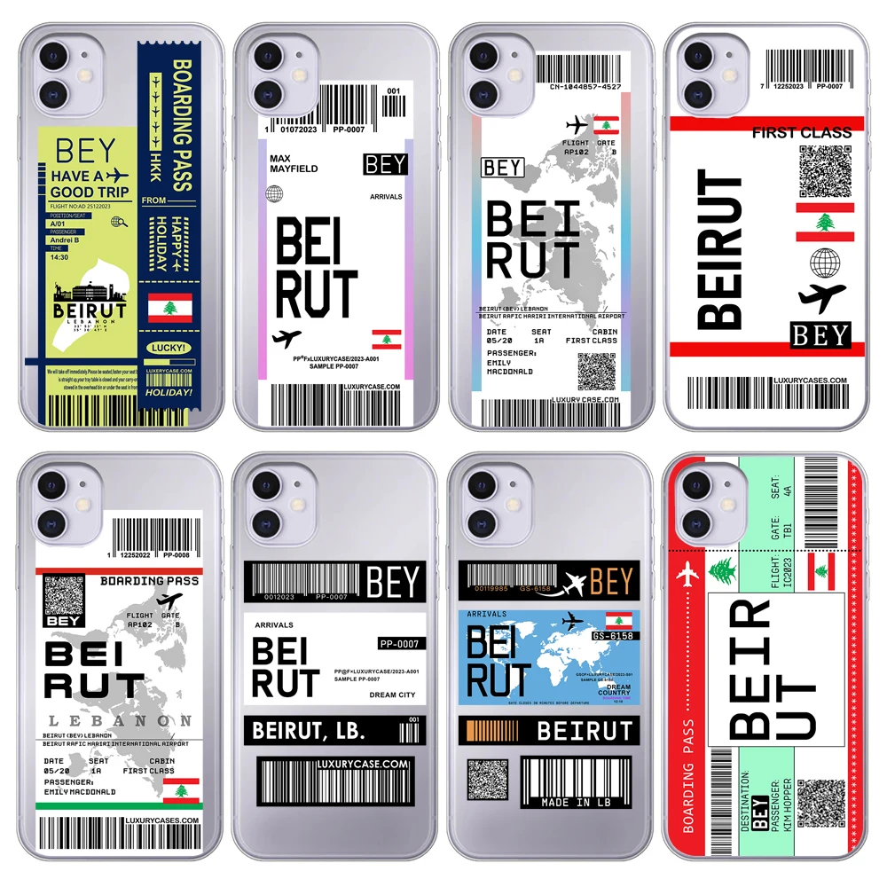 Lebanon Beirut Map Flag Plane Travel Fly Ticket Cover Case for iPhone 15 14 Pro Max 13 12 11 Mini X XS XR 7 8 6S Plus SE