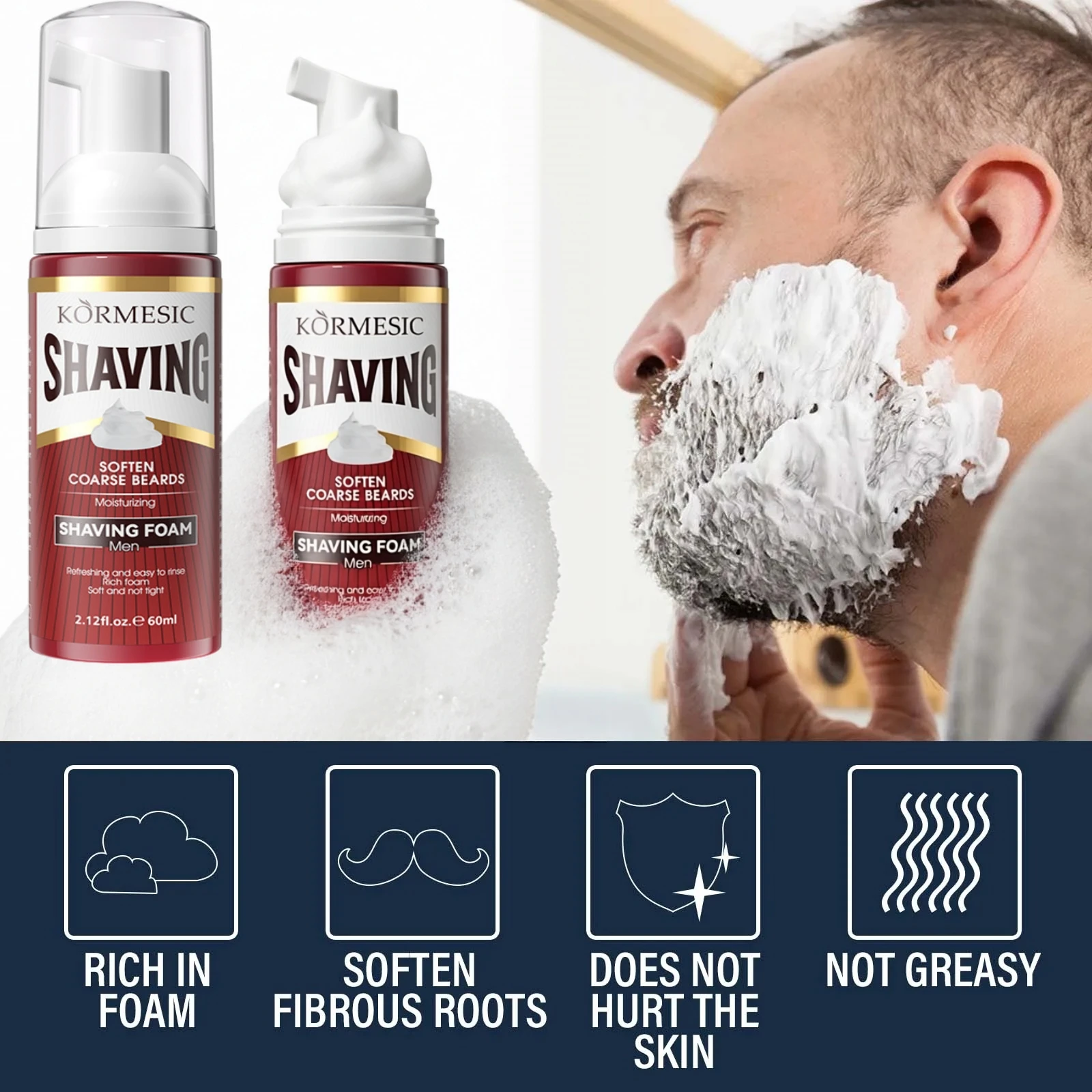2 Tubes of Shaving Foam, Softens Coarse and Hard Beards, Rich Foam, Does Not Harm the Skin, Not Greasy, Daily Facial Care for Men, Gift for Husband, Father