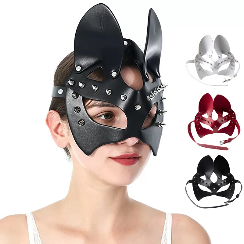 Punk Leather Cosplay Sexy Cat Mask Party Masquerade Half Face Studded Fox Masks Gothic Fetish Sex Toys For Adult 1PC