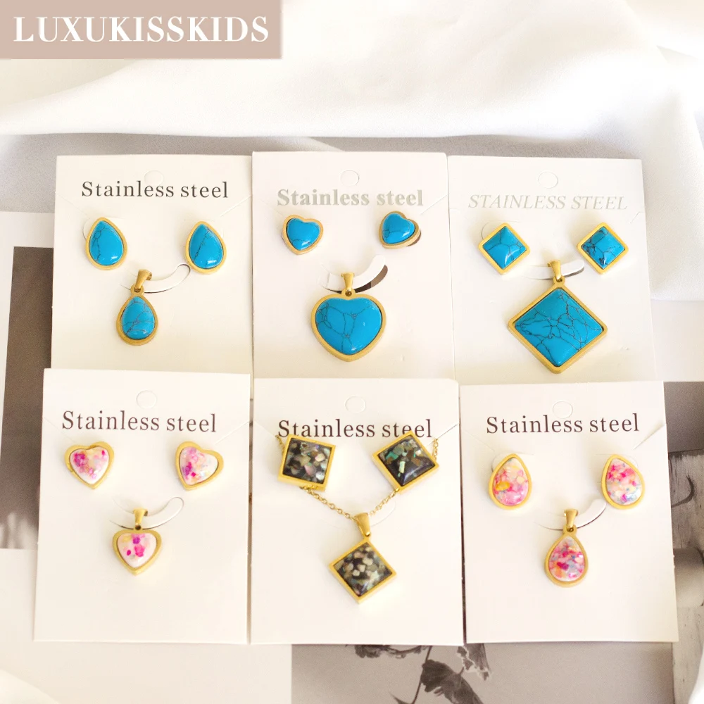 LUXUKISSKIDS Turquoise Blue Jewelry Sets For Woman Asethetic Geometric Round Stars Pendant Necklace And Earrings Smooth Mental