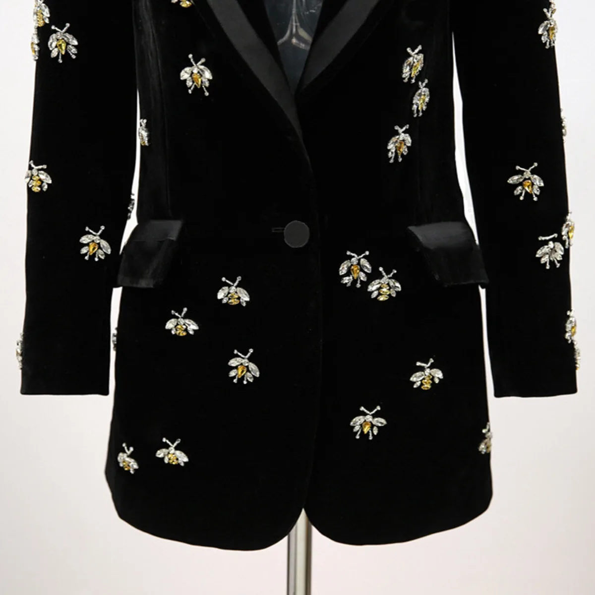 BluWin Elegant Black Blazer Jacket for Women Vintage Floral Embroidery Single Button Slim-Fit Velvet Coat