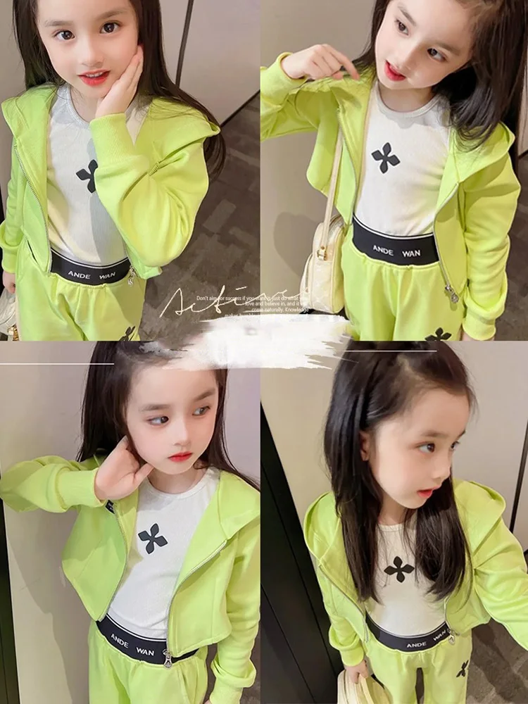 

Autumn Avocado Green Sports and Leisure Sweater Three-piece Suit High-end Foreign Mother-daughter Parent-child Trend