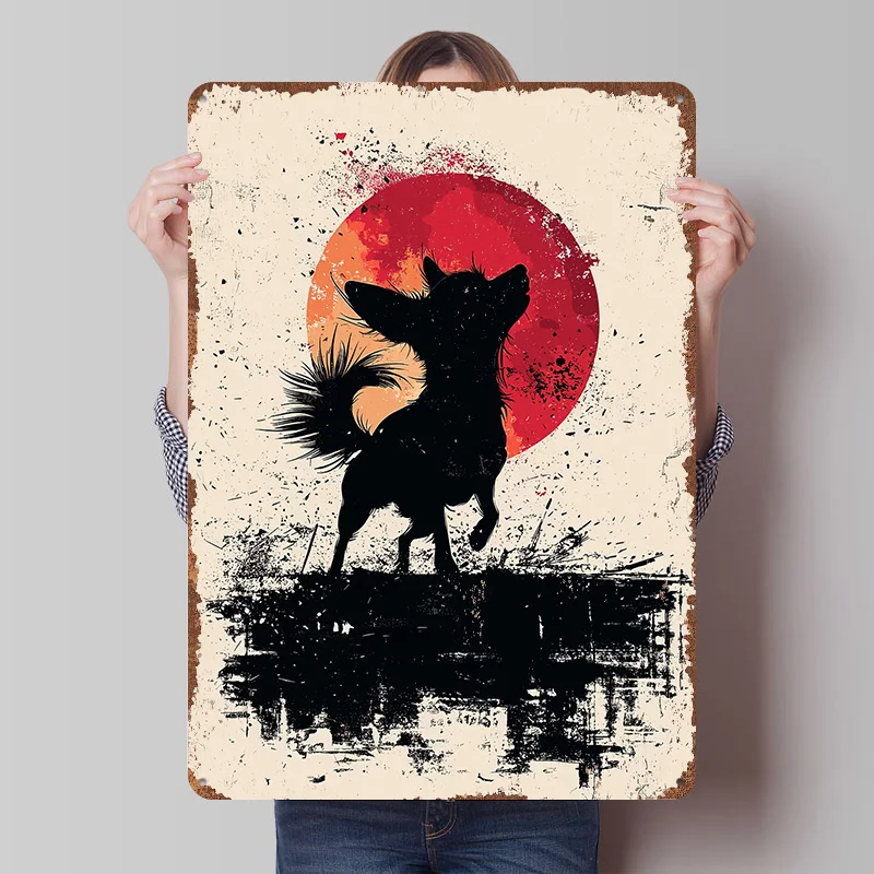 Chihuahua-Silhouette mit rotem Mond, Blechposter, individuelle Wandkunst, Vintage-Metallschilder, Retro-Blechplakette zur Dekoration des Raumes