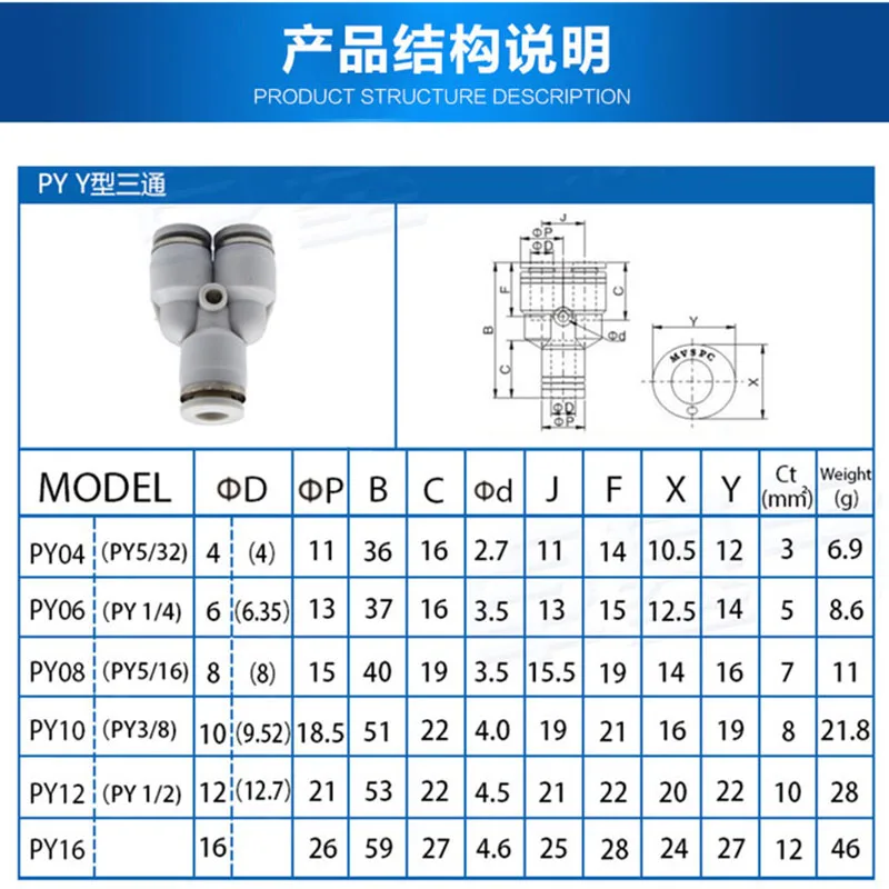 2-100pcs/lot PBT Tee Y-Shaped Pneumatic Joint PY-4/6/8/10/12/16 Gas Pipe Quick Insertion Nozzle Fitting 304 Stainless Steel