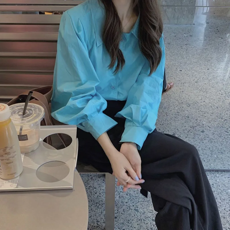 

Loose Long Sve Women's irt Chic Design Sensation Spring 2023 plus Size Slimming BF Sle Lake Blue Color Korean Commute ...