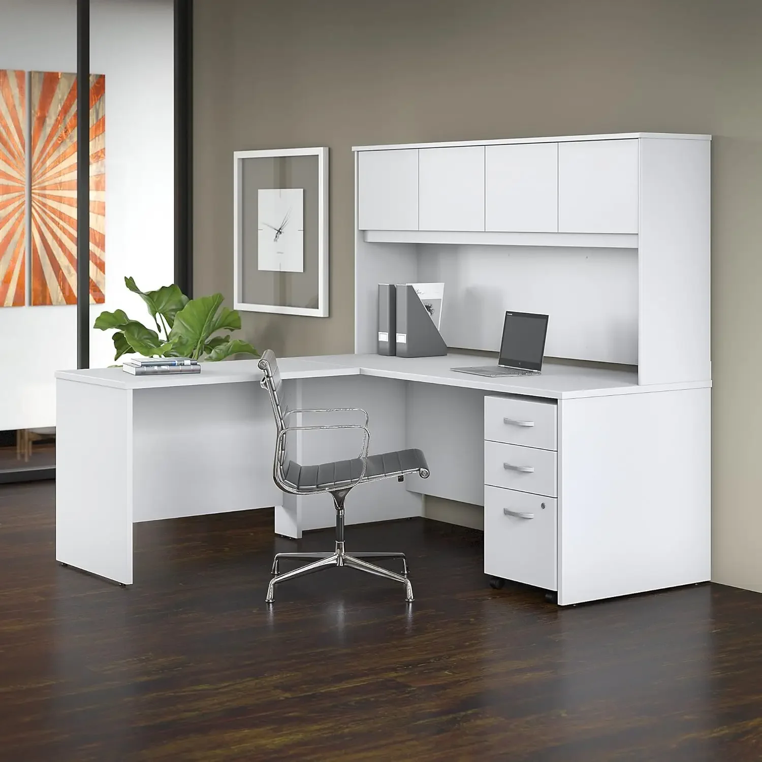 Studio C 72W x 30D L Shaped Desk with Hutch and Mobile File Cabinet in White, L Workstation Set for Home or Professional Office