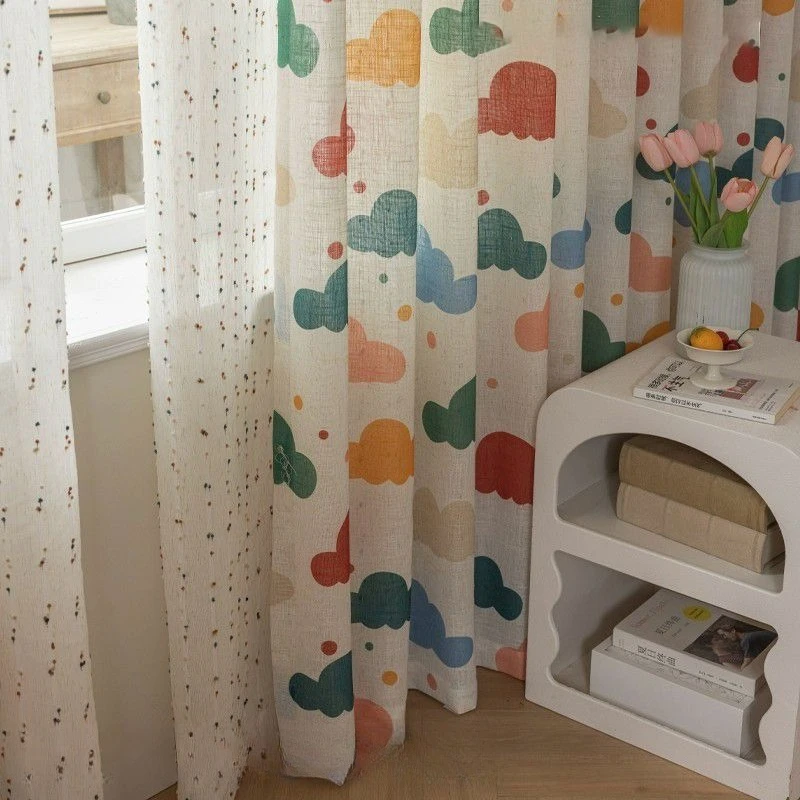 Fresh Colorful Linen Net Cartoon Cloud Pattern Curtain Living Room Bedroom Balcony Window Gauze Household Decoration Curtains