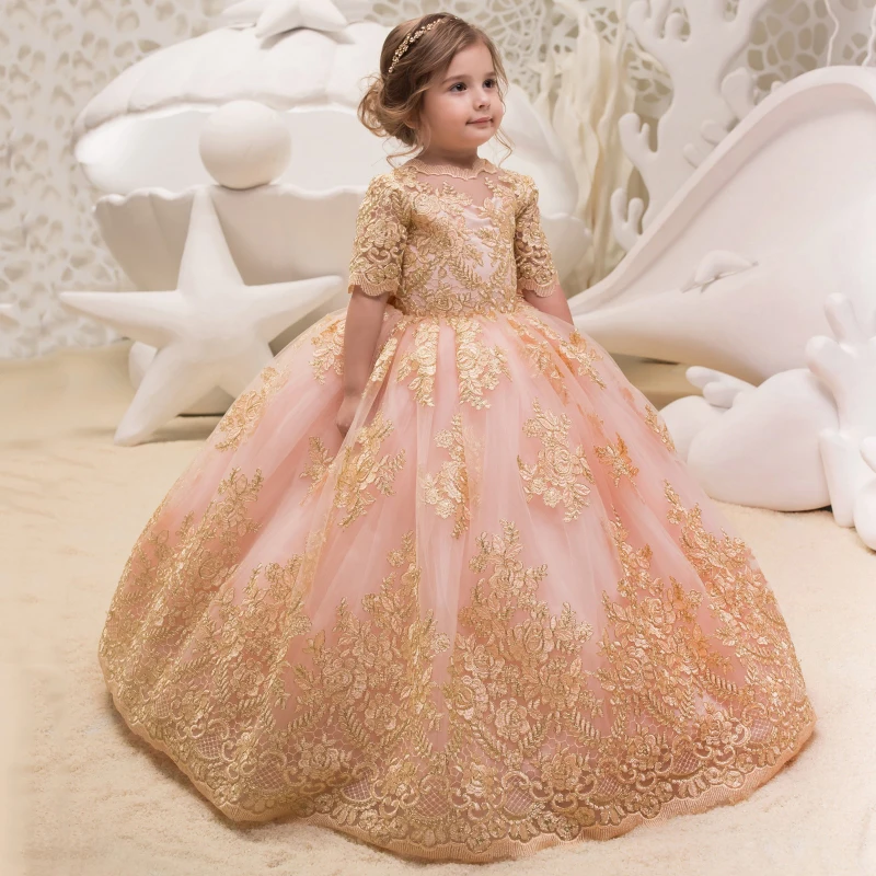 Flower Girl Dress Pink Tulle Gold Rose Flory Embroidery With Bow Half Sleeve For Wedding Birthday Banquet Holy Communion Gowns