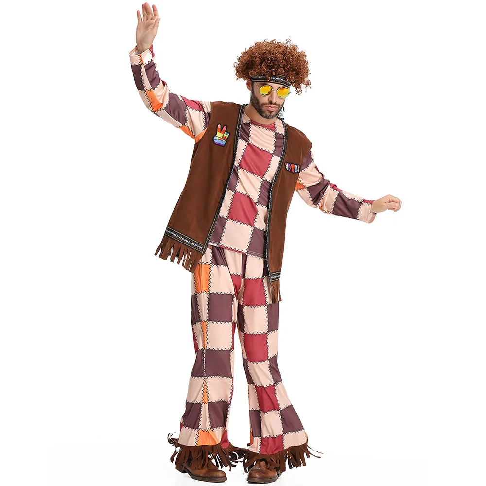 

Men's Hippie Stage Performance Brown Vest Adult Retro Hip Hop Tassel Plaid Clothes Cosplay Costume Halloween Carnival Party Suit