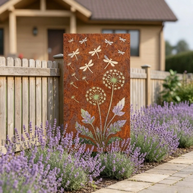 A Natural Rusted Metal Dandelion Flower Metal Garden Screen, Rustic Steel Outdoor Partition, Modern Fence and Yard Privacy Panel