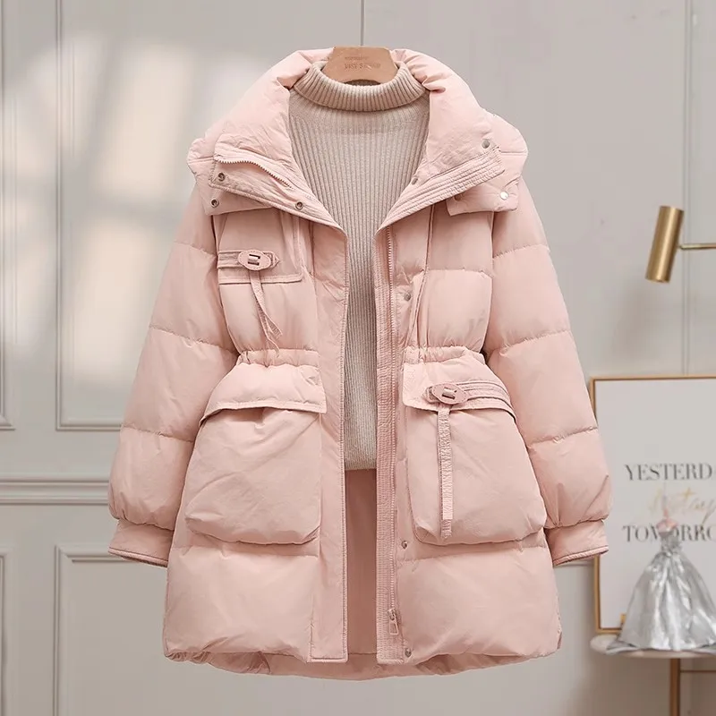 Medium long dDown jJacket for women 2024 New Winter Thicken Warm Hooded White duck down Coat Fashion Slim Solid Female Outwear