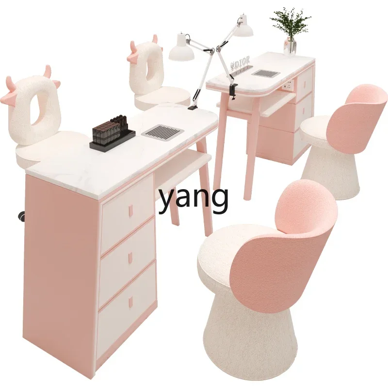 CX new high-end cream style nail art table and chair set marble desktop with its own vacuum cleaner